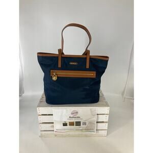 MICHAEL KORS, LARGE NAVY, BRWON NYLON SHOULDER BAG